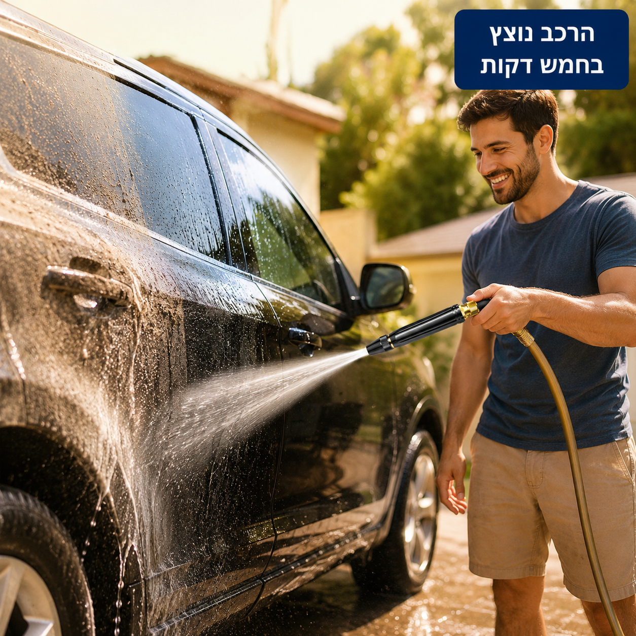 שטיפת רכב מאובק בחצר עם אקדח הלחץ
