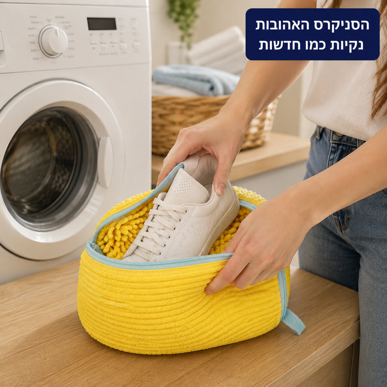 הכנסת סניקרס לתיק הכביסה ליד מכונת הכביסה