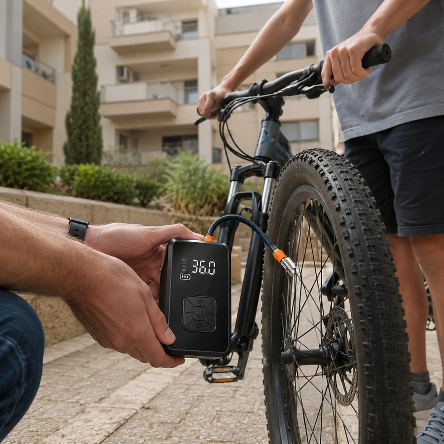 בחצר הבניין, עם האופניים